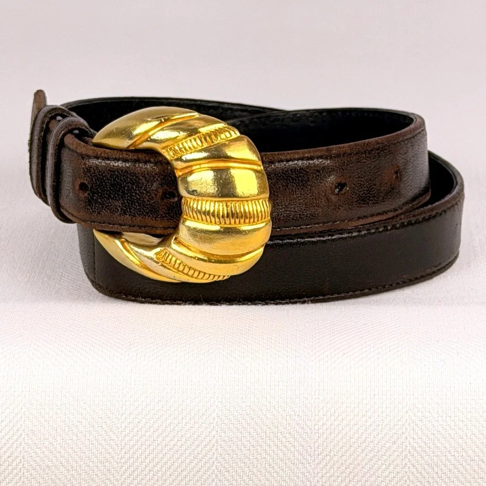 Vintage Carlisle Brown Leather Belt Gold Tone Textured 80s Sculptural Glam Chic